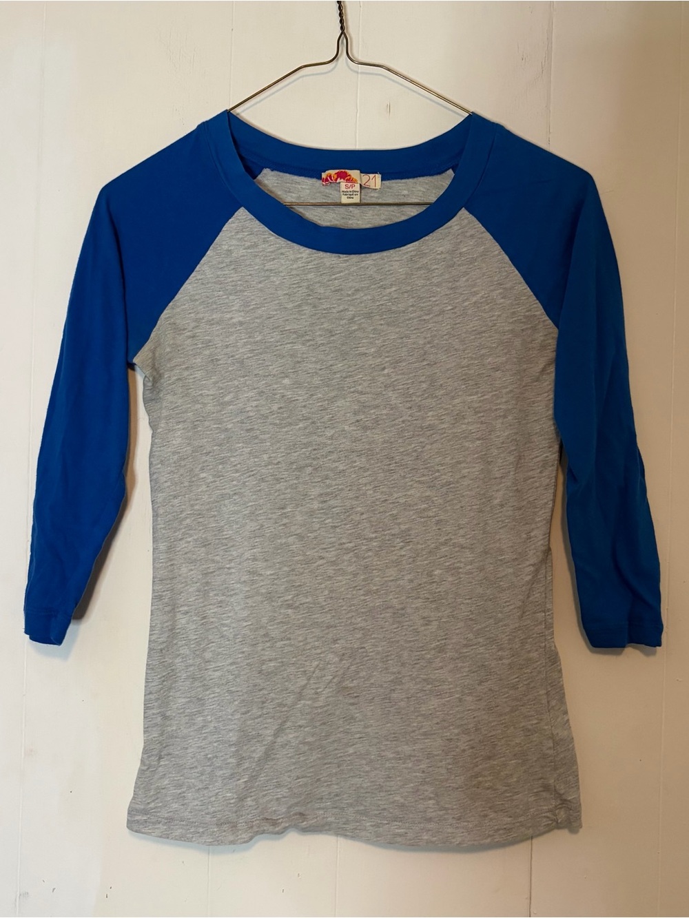 Forever21 baseball 3/4 tee in grey with blue sleeves and neck